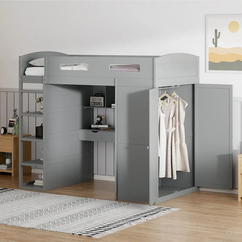 Lit mezzanine avec bureau, armoire à deux portes, 4 tiroirs et étagères à 4 niveaux, Twin Full, blanc gris