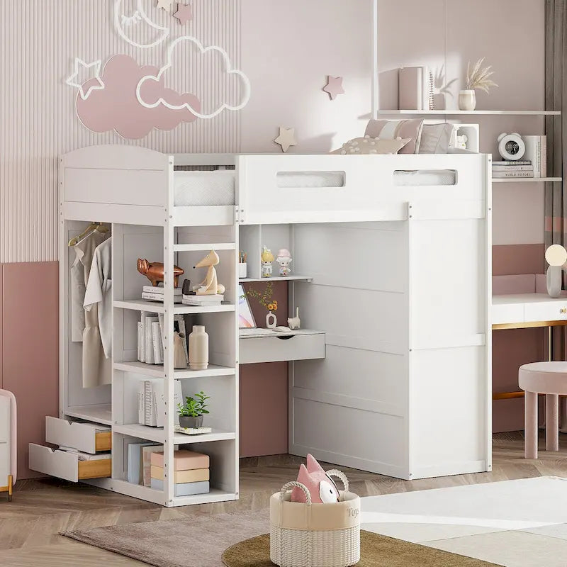 Hochbett mit Schreibtisch, Kleiderschrank mit zwei Türen, 4 Schubladen und 4-stufigen Regalen, Twin Full, weiß, grau