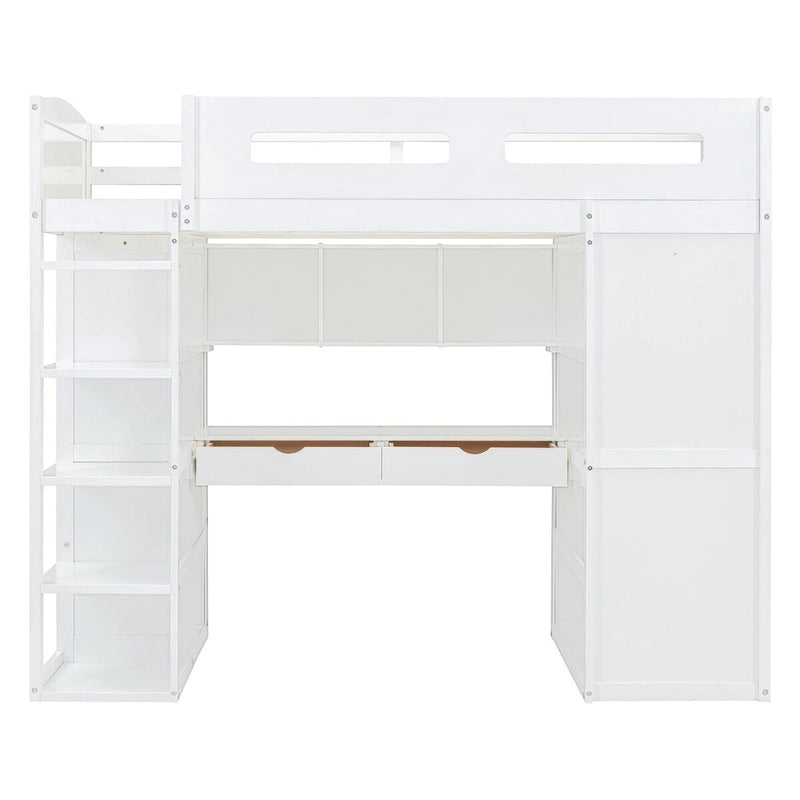 Hochbett mit Schreibtisch, Kleiderschrank mit zwei Türen, 4 Schubladen und 4-stufigen Regalen, Twin Full, weiß, grau