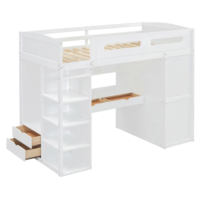 Lit mezzanine avec bureau, armoire à deux portes, 4 tiroirs et étagères à 4 niveaux, Twin Full, blanc gris