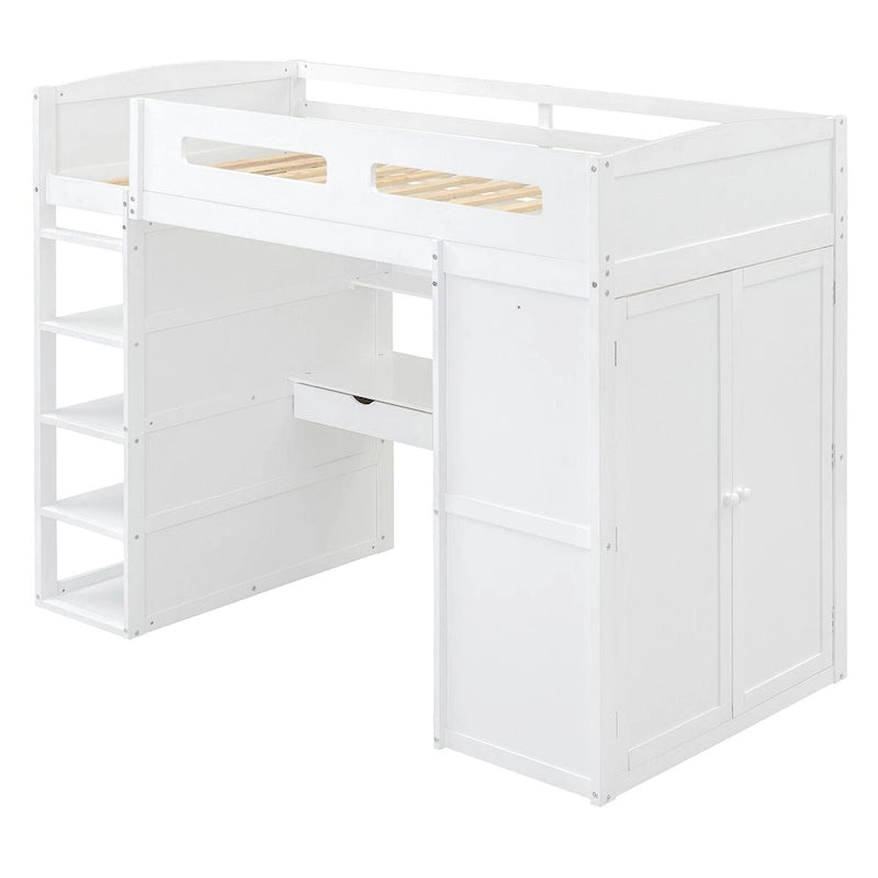 Hochbett mit Schreibtisch, Kleiderschrank mit zwei Türen, 4 Schubladen und 4-stufigen Regalen, Twin Full, weiß, grau