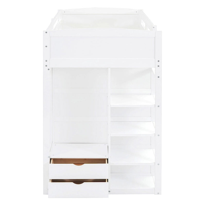 Hochbett mit Schreibtisch, Kleiderschrank mit zwei Türen, 4 Schubladen und 4-stufigen Regalen, Twin Full, weiß, grau