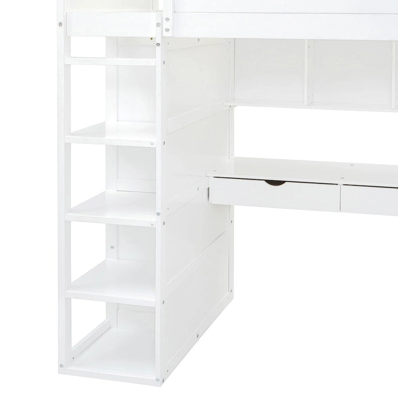 Hochbett mit Schreibtisch, Kleiderschrank mit zwei Türen, 4 Schubladen und 4-stufigen Regalen, Twin Full, weiß, grau