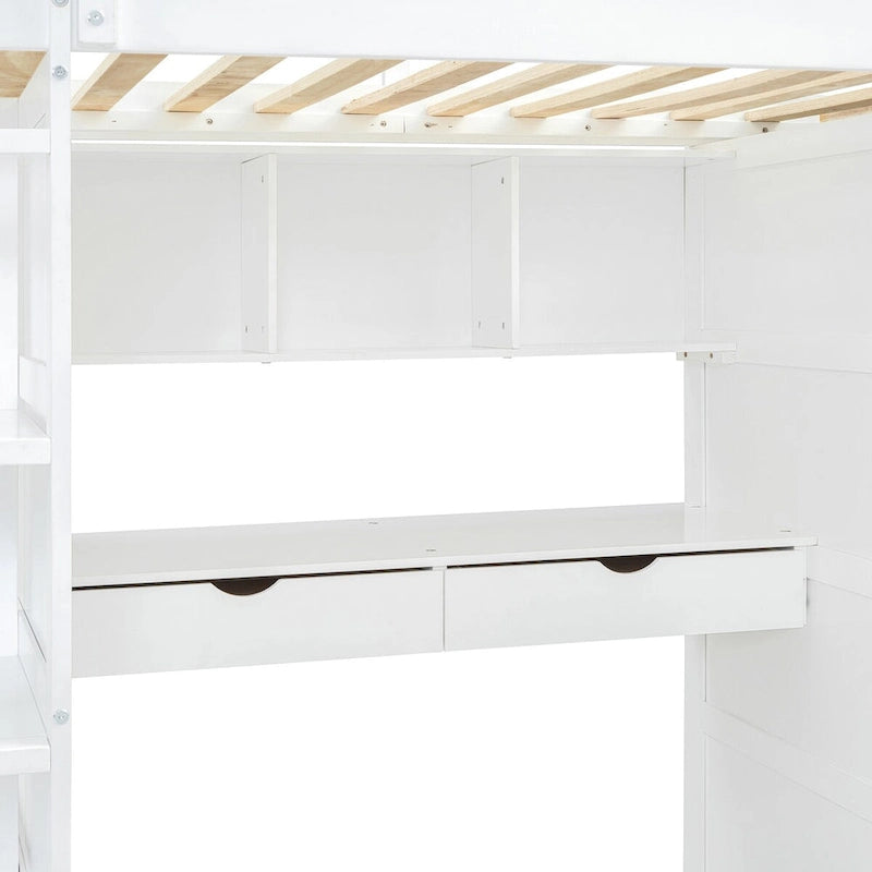 Hochbett mit Schreibtisch, Kleiderschrank mit zwei Türen, 4 Schubladen und 4-stufigen Regalen, Twin Full, weiß, grau