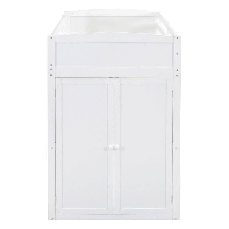 Hochbett mit Schreibtisch, Kleiderschrank mit zwei Türen, 4 Schubladen und 4-stufigen Regalen, Twin Full, weiß, grau