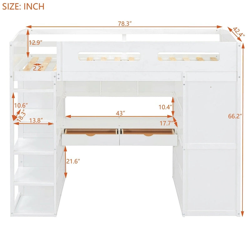 Hochbett mit Schreibtisch, Kleiderschrank mit zwei Türen, 4 Schubladen und 4-stufigen Regalen, Twin Full, weiß, grau