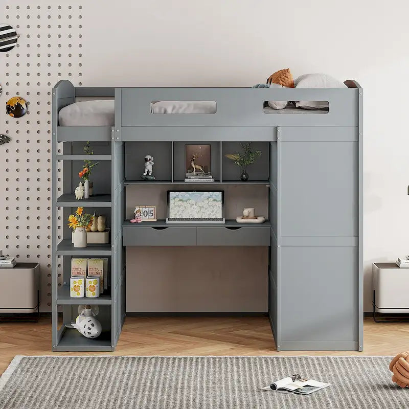 Hochbett mit Schreibtisch, Kleiderschrank mit zwei Türen, 4 Schubladen und 4-stufigen Regalen, Twin Full, weiß, grau