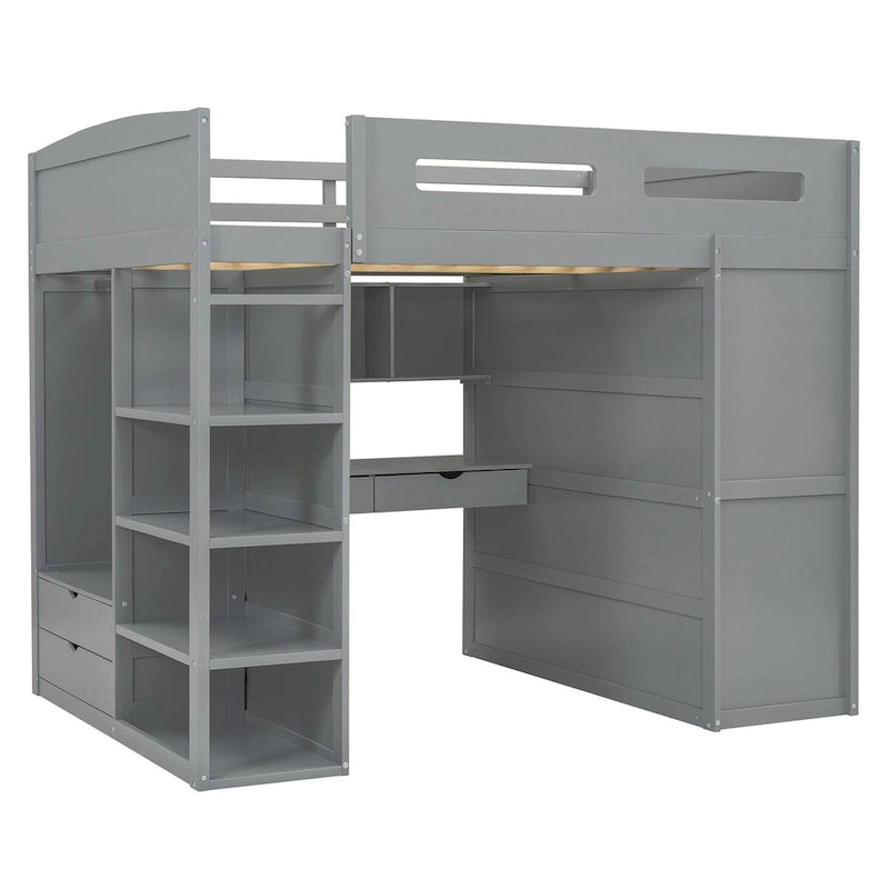 Hochbett mit Schreibtisch, Kleiderschrank mit zwei Türen, 4 Schubladen und 4-stufigen Regalen, Twin Full, weiß, grau