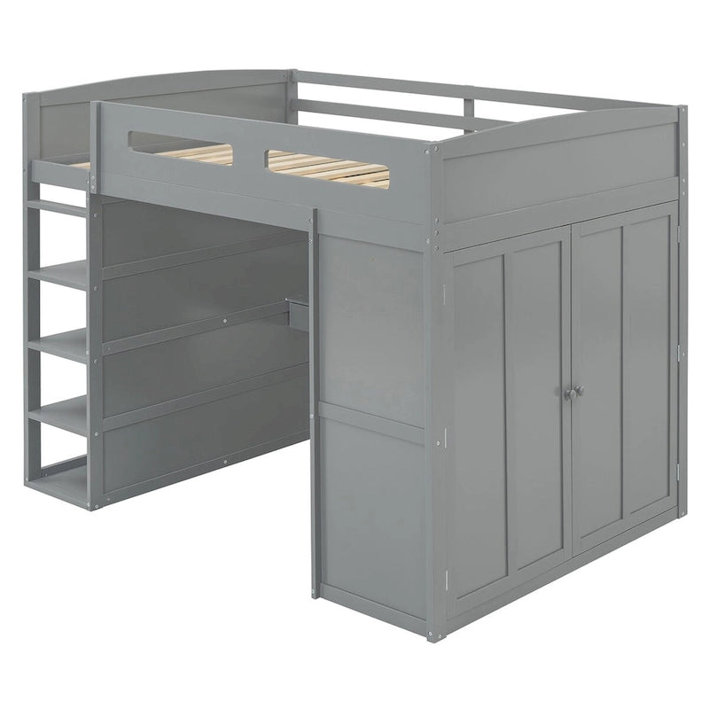 Hochbett mit Schreibtisch, Kleiderschrank mit zwei Türen, 4 Schubladen und 4-stufigen Regalen, Twin Full, weiß, grau