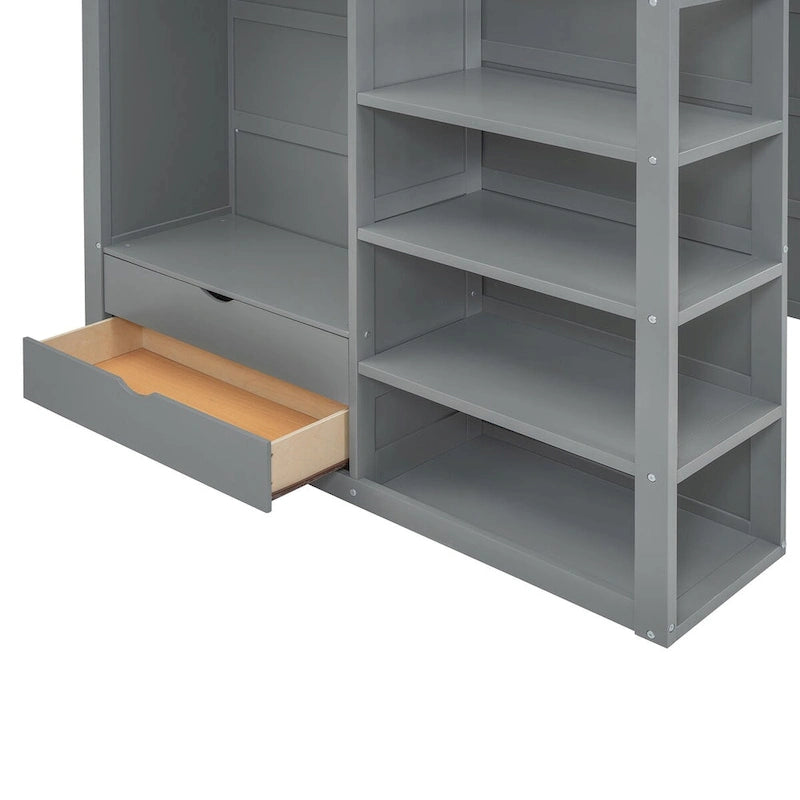 Hochbett mit Schreibtisch, Kleiderschrank mit zwei Türen, 4 Schubladen und 4-stufigen Regalen, Twin Full, weiß, grau