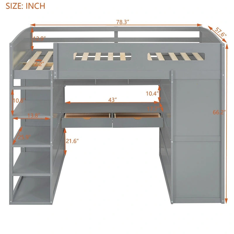 Hochbett mit Schreibtisch, Kleiderschrank mit zwei Türen, 4 Schubladen und 4-stufigen Regalen, Twin Full, weiß, grau