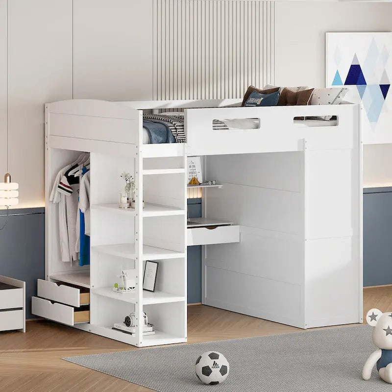 Hochbett mit Schreibtisch, Kleiderschrank mit zwei Türen, 4 Schubladen und 4-stufigen Regalen, Twin Full, weiß, grau