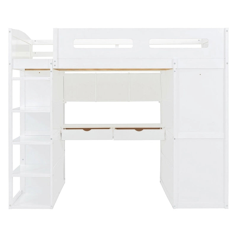 Hochbett mit Schreibtisch, Kleiderschrank mit zwei Türen, 4 Schubladen und 4-stufigen Regalen, Twin Full, weiß, grau