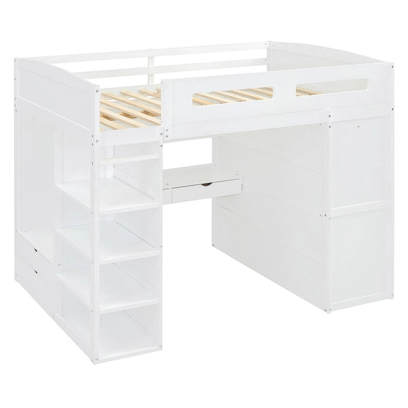 Hochbett mit Schreibtisch, Kleiderschrank mit zwei Türen, 4 Schubladen und 4-stufigen Regalen, Twin Full, weiß, grau