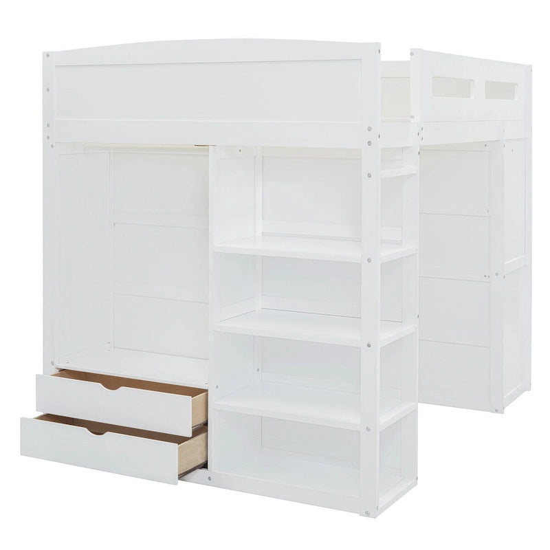 Hochbett mit Schreibtisch, Kleiderschrank mit zwei Türen, 4 Schubladen und 4-stufigen Regalen, Twin Full, weiß, grau