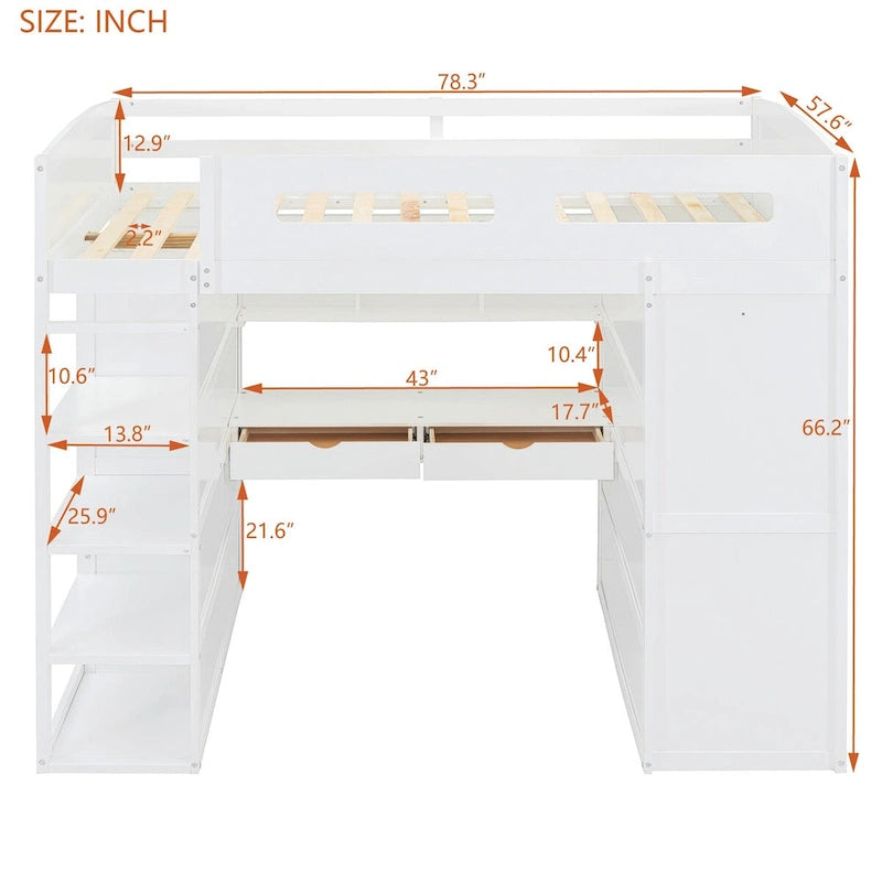 Hochbett mit Schreibtisch, Kleiderschrank mit zwei Türen, 4 Schubladen und 4-stufigen Regalen, Twin Full, weiß, grau