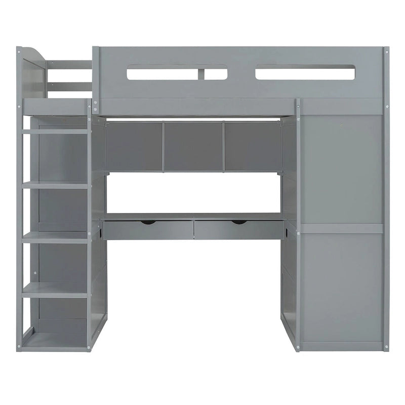 Hochbett mit Schreibtisch, Kleiderschrank mit zwei Türen, 4 Schubladen und 4-stufigen Regalen, Twin Full, weiß, grau