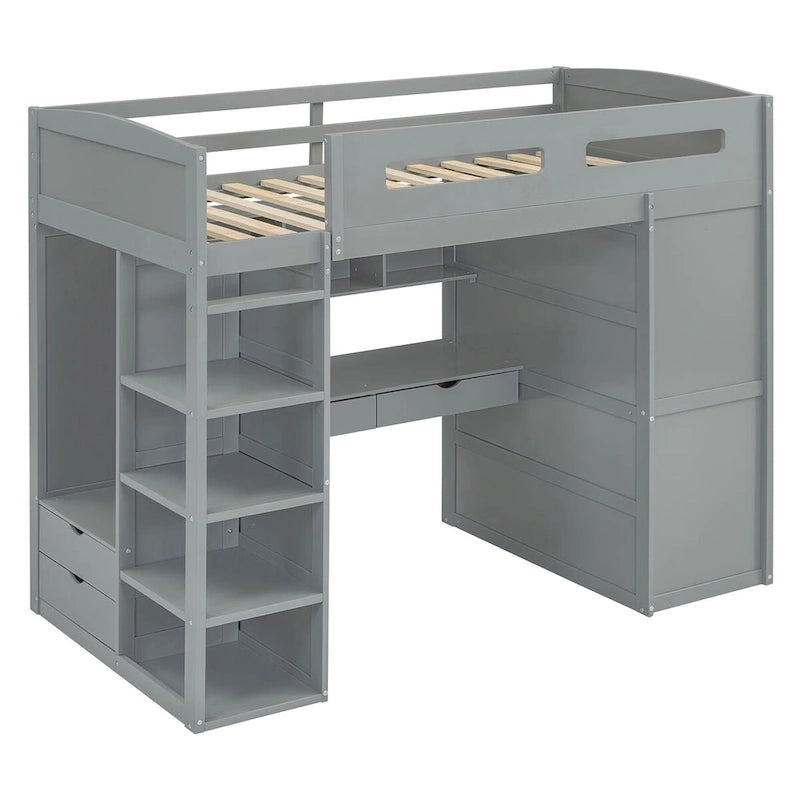 Hochbett mit Schreibtisch, Kleiderschrank mit zwei Türen, 4 Schubladen und 4-stufigen Regalen, Twin Full, weiß, grau