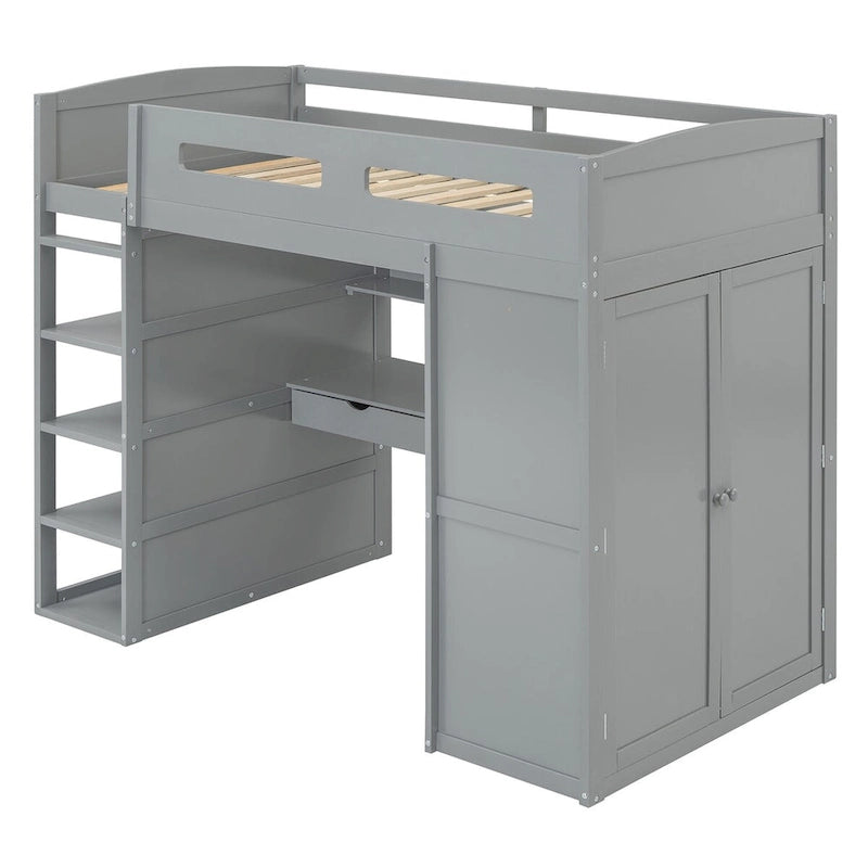 Hochbett mit Schreibtisch, Kleiderschrank mit zwei Türen, 4 Schubladen und 4-stufigen Regalen, Twin Full, weiß, grau