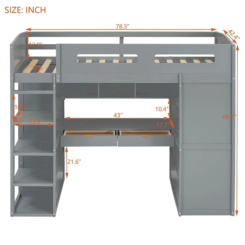 Hochbett mit Schreibtisch, Kleiderschrank mit zwei Türen, 4 Schubladen und 4-stufigen Regalen, Twin Full, weiß, grau